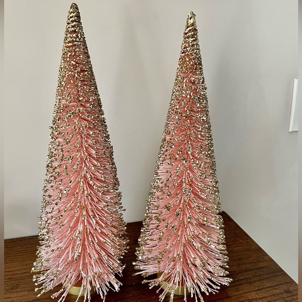 2 Oversized 17" Pink Gold Glitter Glam Bottlebrush Trees Holiday Christmas Deco